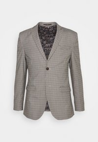 Marynarka w kratę houndstooth w odcieniach beżu i brązu, z wysuniętym kołnierzem, pojedynczym zapięciem na guzik oraz podszewką w paisley.