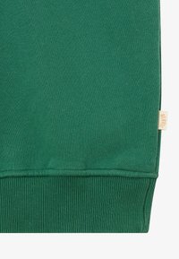 Zielona bluza z gładką teksturą, ściągaczem przy rękawach oraz małą brązową metką po boku. Prosty design w jednolitym kolorze.