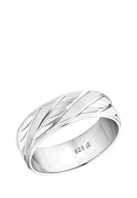 Anello in argento con un design texture che presenta motivi di foglie intrecciate. Contrassegnato con "925" all'interno dell'anello, che indica argento sterling.