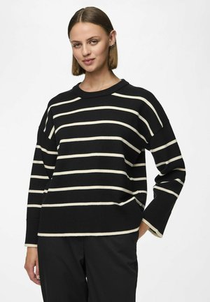 Svart randig tröja med beige horisontella linjer, ribbad rundhals, sänkta axlar och avslappnad passform. Texturerat stickat tyg.