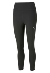 Czarne legginsy sportowe z wysokim stanem, gładką fakturą, logo PUMA w kolorze srebrnym na dolnej części nogawki oraz dopasowanym kroju.