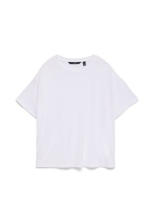 Camiseta blanca lisa de algodón de manga corta con cuello redondo, vista desde arriba sobre fondo blanco.