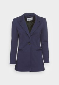 Marinblå kavaj med slidkrage, enknappslåsning, två framfickor och slät yta. Fodrad insida i svart.