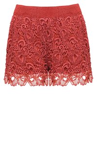 Shorts rouges en dentelle avec un ourlet festonné. Présentent des motifs floraux complexes et une large ceinture élastique pour le confort.