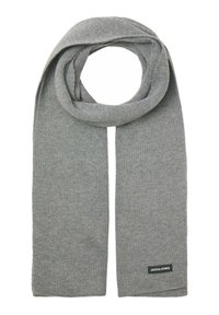 Sciarpa grigia lavorata a maglia con texture a costine, con una toppa con logo. Morbida, leggera e si drappeggia in uno stile circolare.