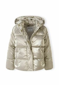Metallic guld pufferjacka med huva, med quiltade partier, tryckknappar och en glänsande yta. Designad för värme och komfort.