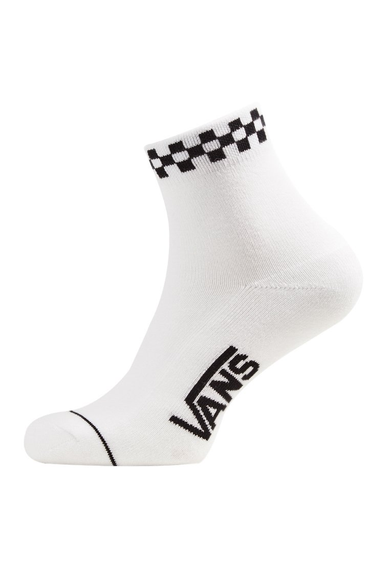 Weiße Knöchelsocken mit einem schwarzen karierten Muster oben und einem schwarzen "VANS"-Logo an der Seite. Hergestellt aus einem weichen, elastischen Material.