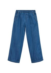 Temne modre široke jeans hlače z elastičnim pasom in dekorativnimi pletenimi poudarki na sprednjih žepih. Gladka tekstura.