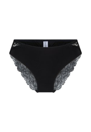 Zwarte panties met een gladde voorkant en intrigerende zwarte kantafwerking aan de zijkanten en achterkant, met bloemmotieven en gegolfde randen.