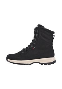 Schwarze Wanderschuhe verfügen über ein Obermaterial aus Wildleder und Textil, einen Kragen aus Kunstfell, Metallösen und eine dicke Gummisohle für guten Halt.