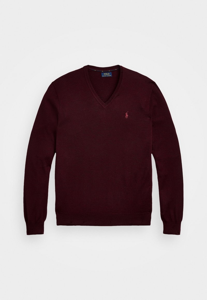 Pull à manches longues col en V bordeaux foncé avec petit logo brodé joueur de polo sur la poitrine gauche et poignets et ourlet côtelés.