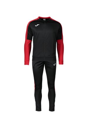 Tuta sportiva da uomo nera e rossa con giacca con zip integrale e pantaloni slim, con logo bianco sul petto e sulla coscia.