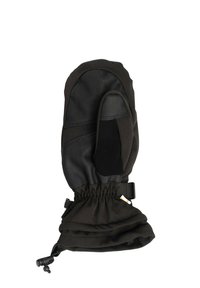 Czarne zimowe rękawice wykonane z materiału z skórzaną dłonią, z elastycznym mankietem i regulowanym paskiem zapewniającym bezpieczne dopasowanie. Gładka faktura.