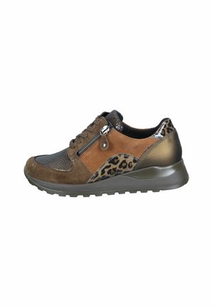 Brown and gray sneakers featuring a mix of suede, textured fabric, and leopard print accents, with a padded ankle and textured sole.