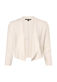 Chaqueta corta de color crema con un frente abierto, mangas ajustadas y una textura suave. Presenta un sutil detalle de costura en el centro.