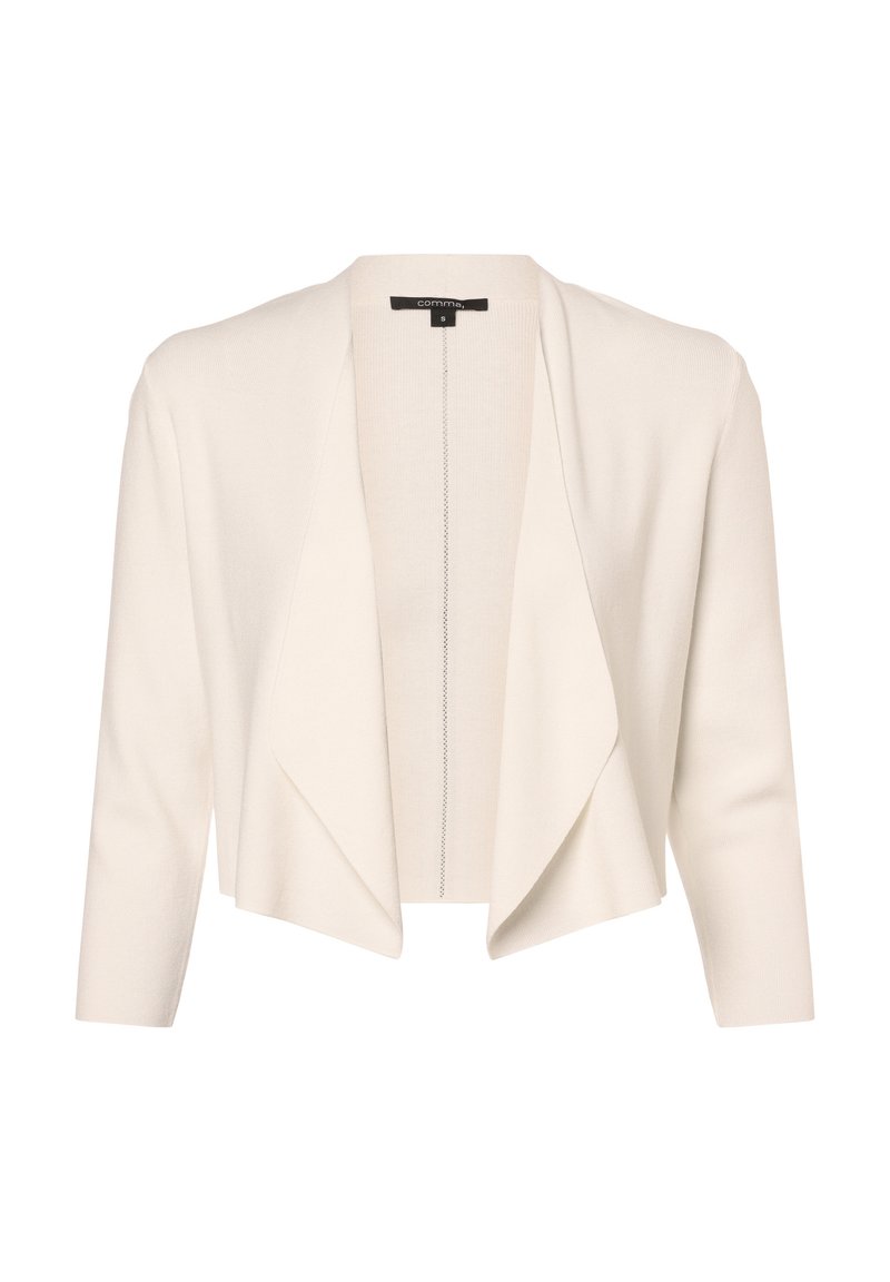 Chaqueta corta de color crema con un frente abierto, mangas ajustadas y una textura suave. Presenta un sutil detalle de costura en el centro.