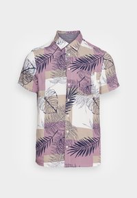 Lyhythihainen paita, jossa on kuviollinen design, jossa on purppuran, beigearin ja valkoisen ruutukuvioiden alueita, koristeltuna mustilla kasvitieteellisillä kuvilla.