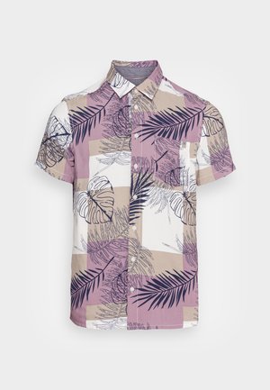 Kurzarmhemd mit einem gemusterten Design in lila, beige und weißen Karos, verziert mit schwarzen botanischen Illustrationen.