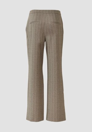 Straight-leg brown herringbone-patterned trousers with two back welt pockets on a plain light background.