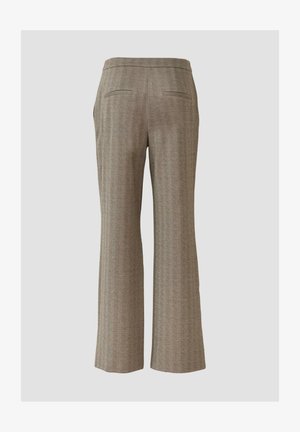 Straight-leg brown herringbone-patterned trousers with two back welt pockets on a plain light background.