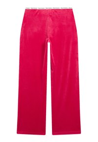 Pantaloni a gamba larga in corduroy fucsia con texture liscia e una cintura elastica con logo bianco. Design a taglio dritto e lunghezza completa.