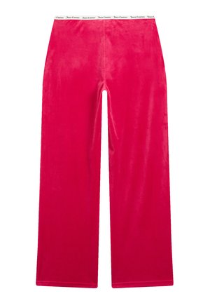 Pantalon large en velours côtelé fuchsia avec une texture lisse et une taille élastique ornée d'un logo blanc. Coupe droite et design pleine longueur.
