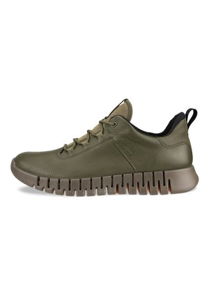 Olivgrüne Leder-Sneaker mit strukturiertem Finish, Schnürdesign und flexibler Gummisohle mit ausgeprägten Rillen für besseren Halt.