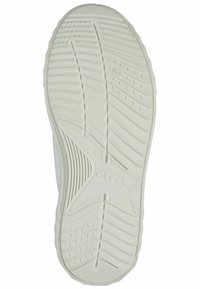 Semelle en caoutchouc blanche dotée d'un motif de grip texturé avec des lignes courbes, des crêtes et un logo de marque au centre.