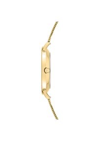 Goldfarbene Uhr mit rundem Gehäuse, glatter Oberfläche und geflochtenem Metallarmband. Verfügt über eine schlichte Krone und ein Glass Ziffernblatt.