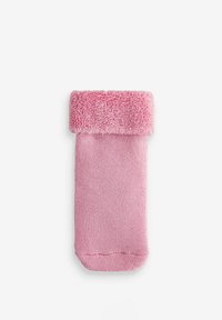 Rosa socka med en tjock, plyschig krage och slät kropp. Materialet ser mjukt ut med en solid färg och minimal textur över hela ytan.
