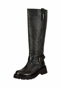 Bottines en cuir noir montantes avec une finition texturée, semelle épaisse et une sangle à boucler comme accent. Tige lisse et construction robuste.