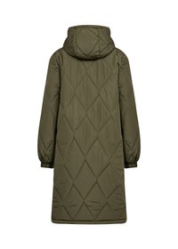 Lang olijfgroen gewatteerd jasje met een ruitpatroon, capuchon en elastische manchetten. Ontworpen voor warmte en comfort tijdens koud weer.