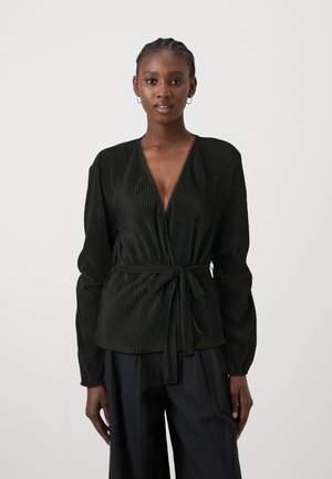 Dark green pleated blouse with a deep V-neck and long sleeves, featuring a waist tie for adjustment. Smooth texture and lightweight fabric.