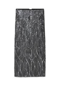 Jupe crayon noire pailletée avec un motif ondulé. Texture lisse avec un design ajusté, se terminant juste au-dessus du genou.