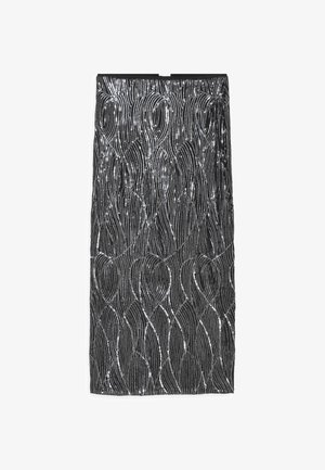 Black sequined pencil skirt featuring a wave pattern. Smooth texture with a fitted design, finishing just above the knee.