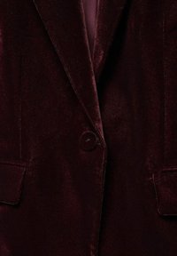 Blazer en velours bordeaux foncé avec un bouton recouvert unique, des revers crantés et des poches à rabats devant.