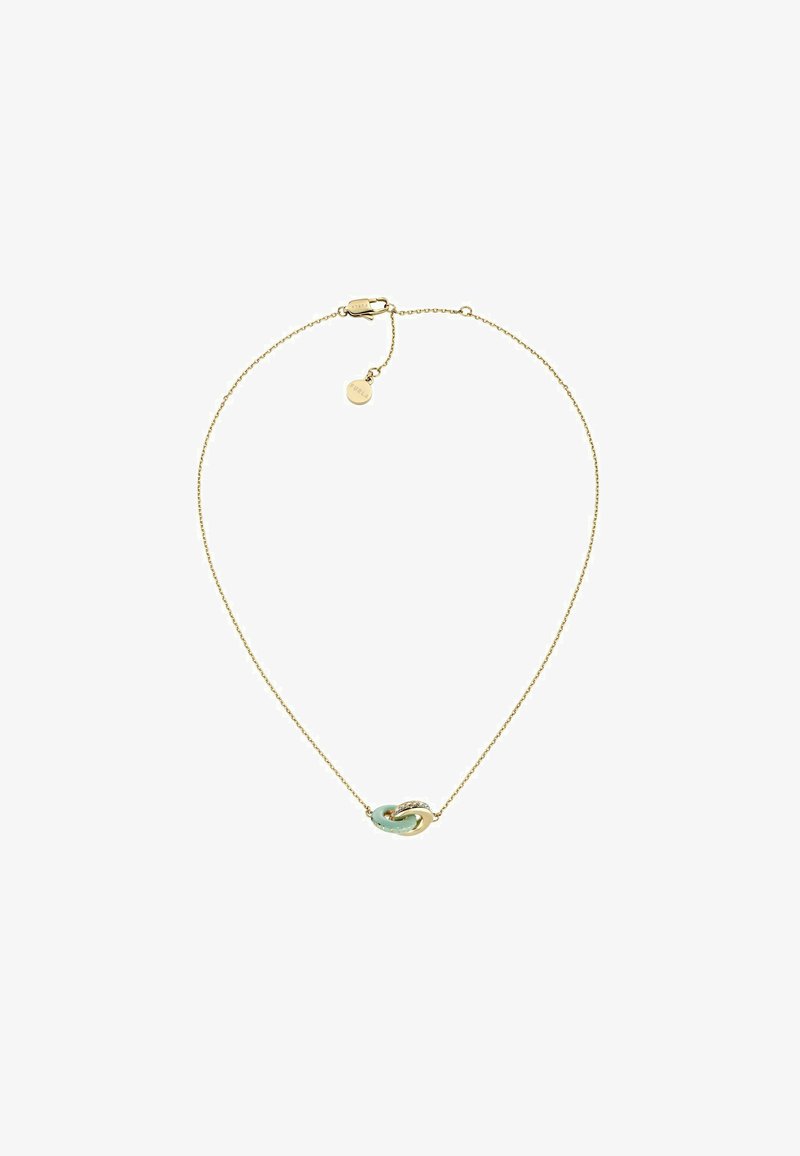 Gul kædedyse med et sammenflettet design, en turquoise sten og små accenter, delikat tekstur og justerbar længde.
