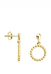 Guldtonade hoopörhängen har en pärlformad design med en slät droppe som accent. Tillverkade av metall, har de en polerad yta och stiftstängning.