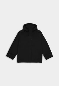 Czarna kurtka z kapturem, zapinana na napy, z dwiema kieszeniami z przodu i podwiniętymi rękawami. Wykonana z miękkiego materiału o strukturalnym wykończeniu.