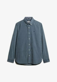 Long-sleeve button-up shirt in dark teal fabric with a smooth texture, featuring a button-down collar and subtle logo on the left chest.
