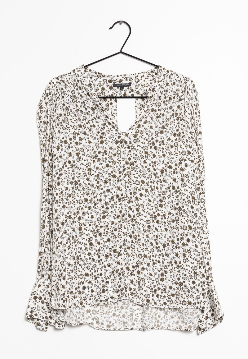 Camicia bianca a maniche lunghe con motivo floreale in marrone e nero. Collo a V e orlo arricciato. Tessuto leggero.