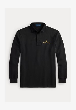 Mustra musta polo särk pikkade varrukatega, valmistatud puuvillast, klassikalise krae, esiseeliku ja kuldse brodeeritud logo detailidega.