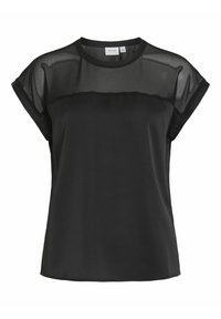Chemise noire avec un panneau supérieur transparent, des manches courtes retroussées et une texture lisse. Caractérisée par un col rond et une coupe décontractée.