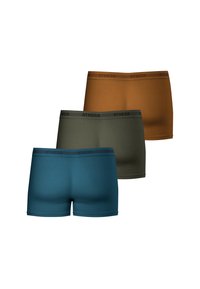 Trois paires de boxers pour hommes en bleu canard, vert olive et orange brûlé, avec une taille douce arborant la marque "ATHENA".