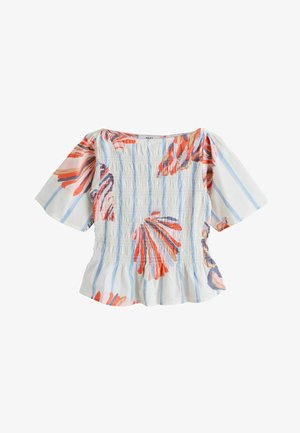 Bluse mit Blumenmuster und kurzen, gepufften Ärmeln, mit geraffter (smocked) Struktur und horizontalen blauen Streifen auf hellem Hintergrund. Der obere Saum ist leicht gerafft.