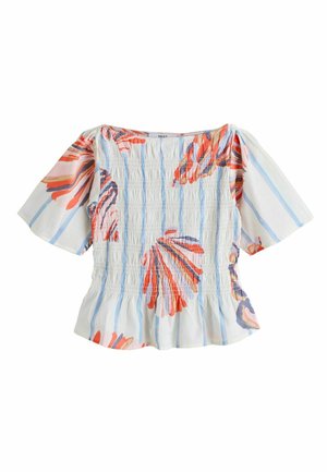 Floral-patterned blouse with short, puffed sleeves, featuring smocked texture and horizontal blue stripes on a light background. Top hem is slightly ruffled.
