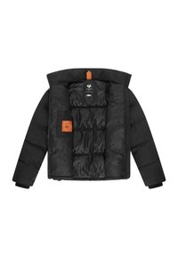 Juodas pūkų švarkas su užtrauktuku, dideliu kapišonu ir šiltu pamušalu. Savybė yra tekstūruotas pamušalas ir oranžinė prekinio ženklo etiketė kišenėje.