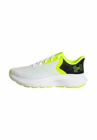 Zapatilla deportiva blanca con una parte superior de malla transpirable, acentos en amarillo neón y un talón negro texturizado, que cuenta con una suela acolchada para mayor comodidad.