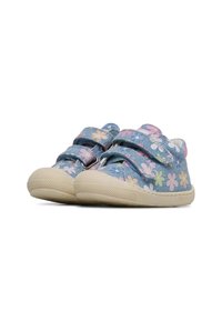 Blue canvas shoes with a floral pattern, featuring two strap closures and a beige rubber sole. Round toe with textured grip.