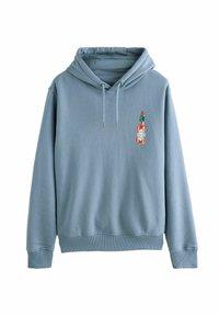 Lyseblå hættetrøje med lange ærmer og en lille grafisk af en Tabasco-sauceflaske på venstre bryst, snore til at justere hætten.